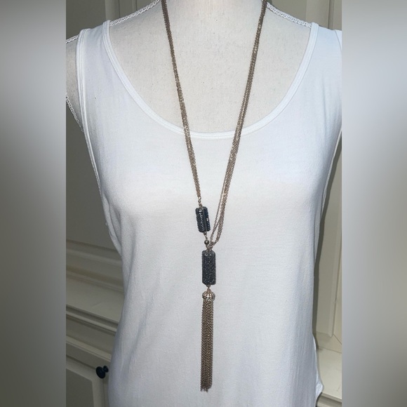 Hematite Encrusted Long Tassel Necklace with Cuff Bracelet Elegant Silver Gold - Picture 4 of 15